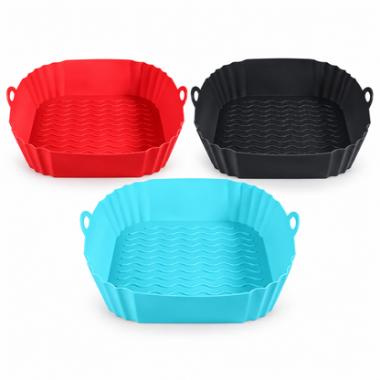 Three-piece silicone air fryer liner set with one black, one red and one blue liner