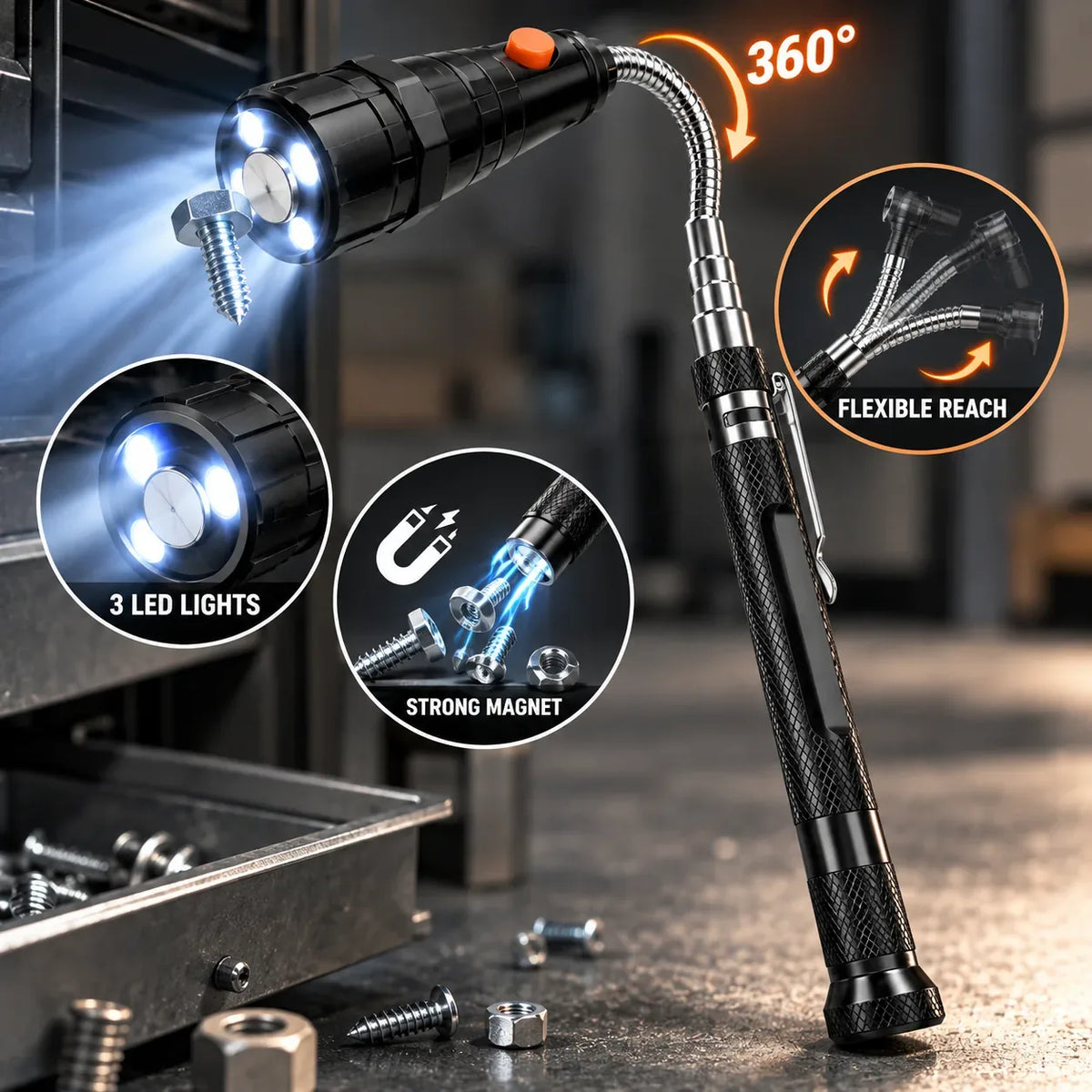 Telescoping Magnetic Pickup Flashlight for Dropped Screws and Small Parts — view 2