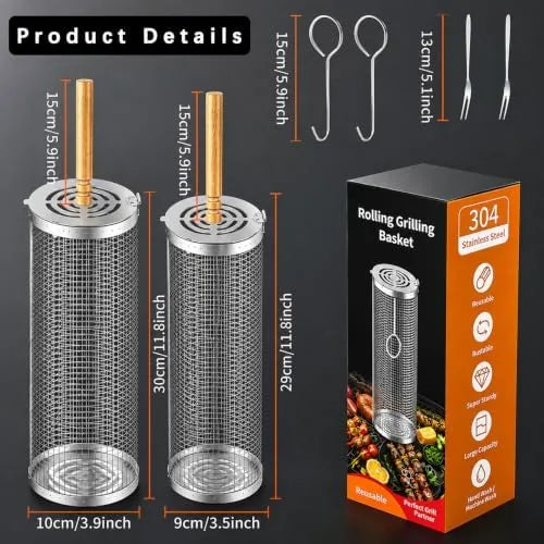 Nested Stainless Steel Rolling Grill Baskets with Wooden Handles — view 2