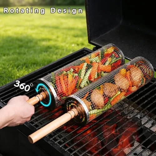 Nested Stainless Steel Rolling Grill Baskets with Wooden Handles — view 3