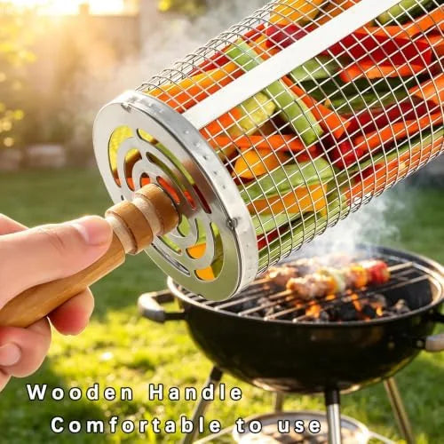 Nested Stainless Steel Rolling Grill Baskets with Wooden Handles — view 4