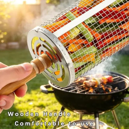 Nested Stainless Steel Rolling Grill Baskets with Wooden Handles — view 4