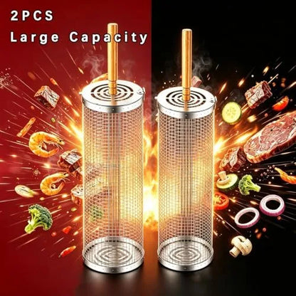 Nested Stainless Steel Rolling Grill Baskets with Wooden Handles — view 6