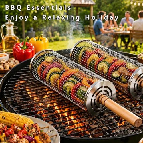 Nested Stainless Steel Rolling Grill Baskets with Wooden Handles — view 7