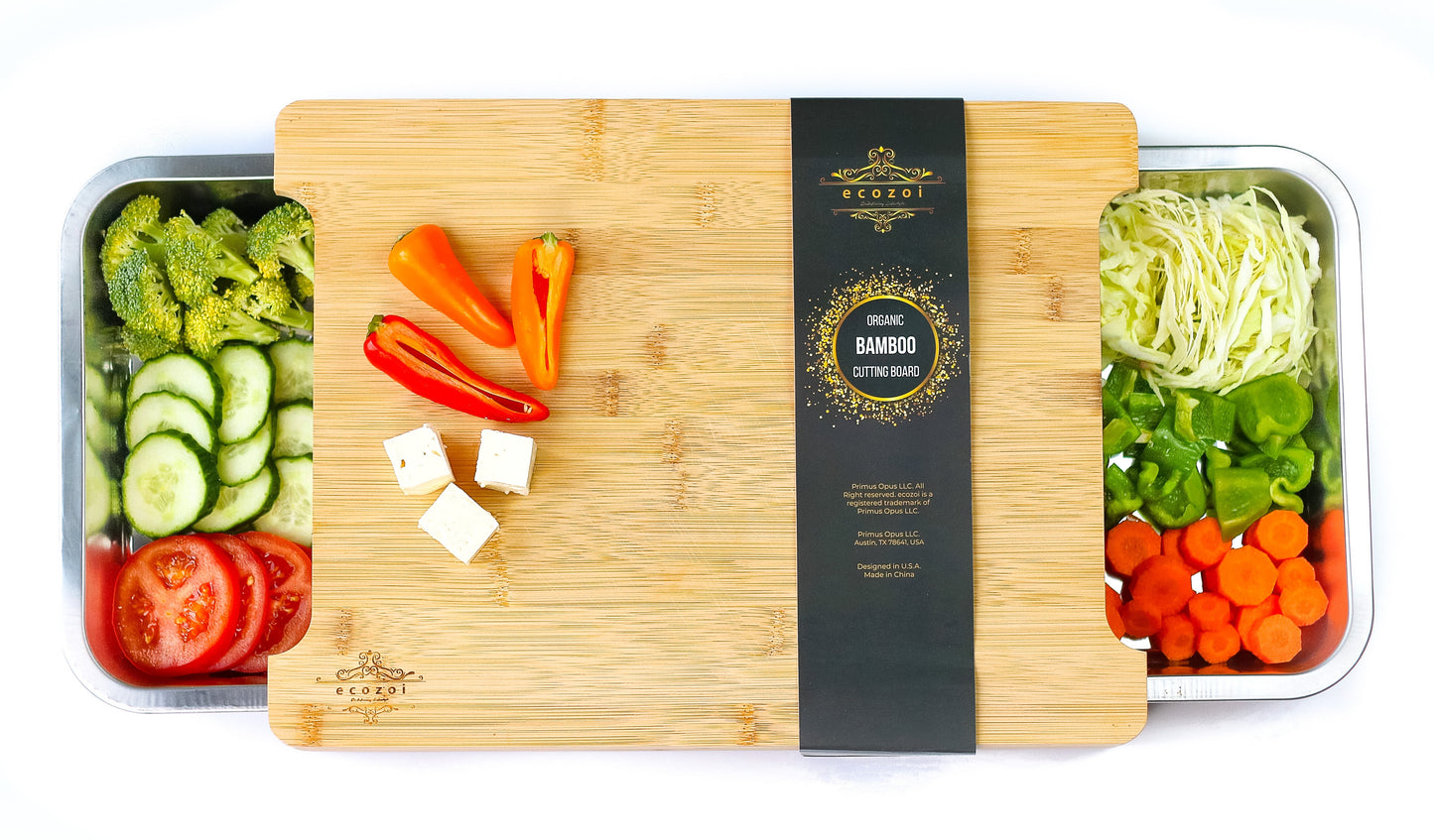 Bamboo Cutting Board with 2 Stainless Steel Trays – Beige